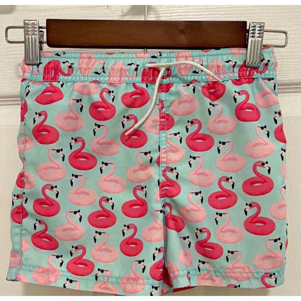 Janie and Jack boys swim shorts size 5 blue pink flamingo drawstring